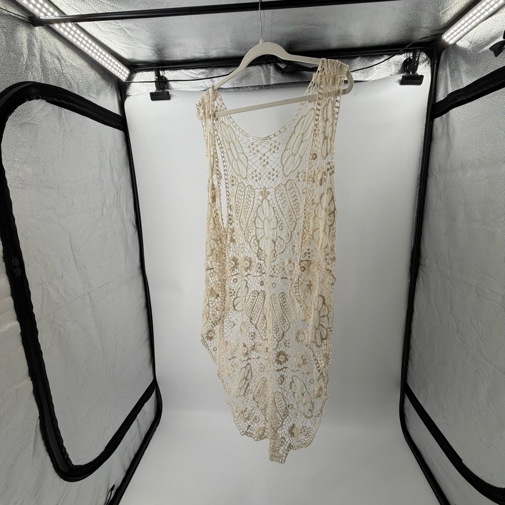 100% Cotton Cream Crochet Lace Vest Boho Sleeveless Cardigan SM